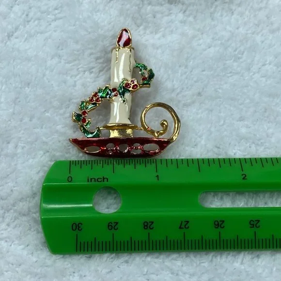 Candle Holder Holly Garland Christmas Pin Brooch Holiday Wear - Picture 10 of 10